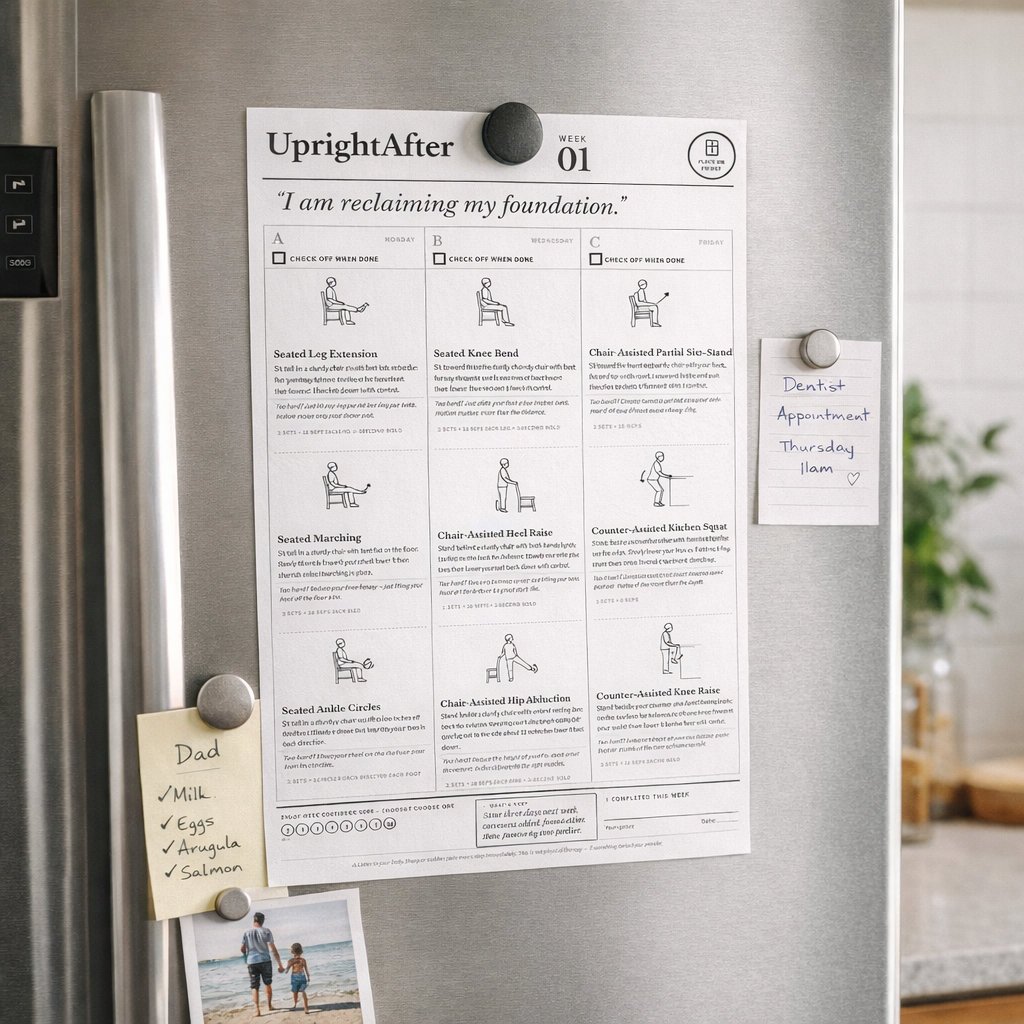 UprightAfter fridge sheet on a real refrigerator — Level 1 Rebuild weekly workout